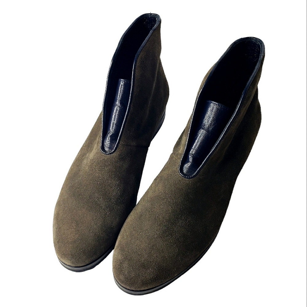 Suede Patent Ankle Booties Neutral Lux Minimalist Handmade Italian Artisan 10.5